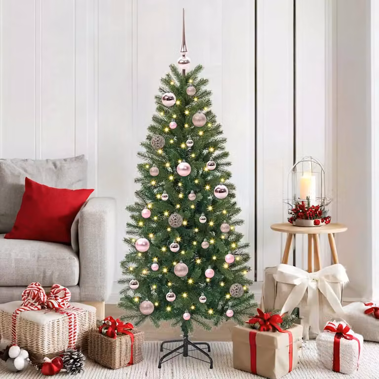 vidaXL Set di 61 Palle di Natale in Plastica Rosa e Bianca con 150 LED Bianco Caldo e Alimentazione USB, Diametro: 6 cm