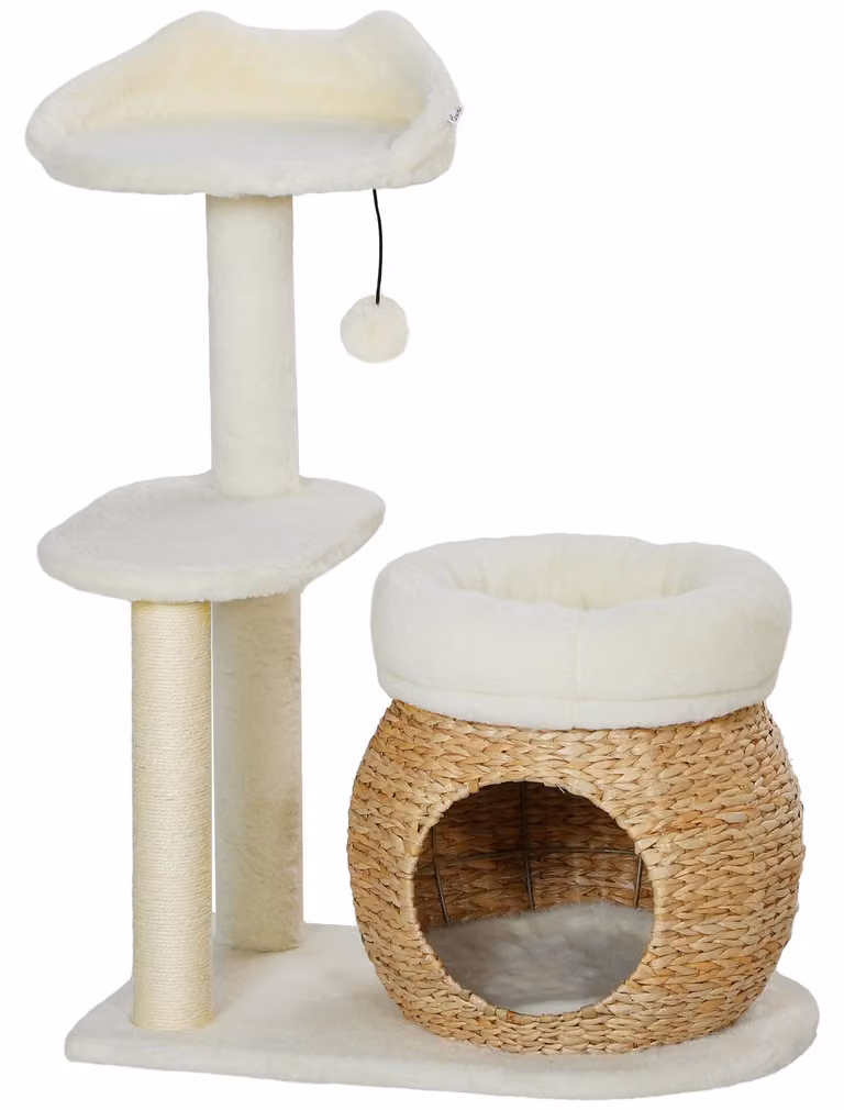PawHut Tiragraffi da 79 cm con cuccia per gatti fino a 5 kg, bianco crema
