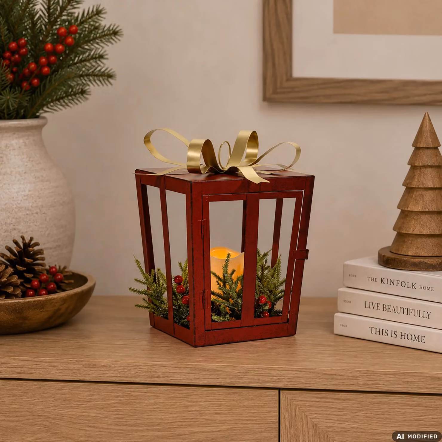 Lanterna Natalizia Luminosa DICTROLUX Rossa con base in legno e dettagli in metallo, Altezza: 28 cm – 2