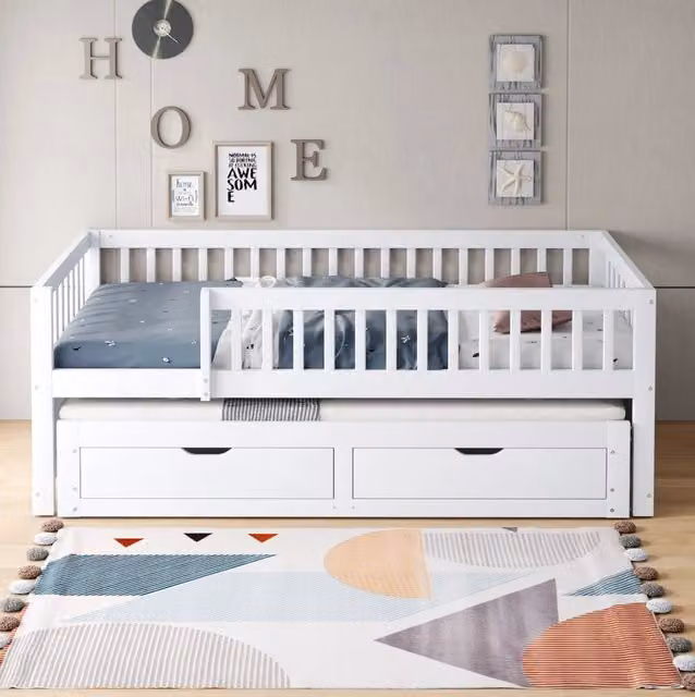 Divano letto multifunzionale in legno massiccio 90x200 cm con rete a doghe, protezione completa e due cassetti, colore bianco