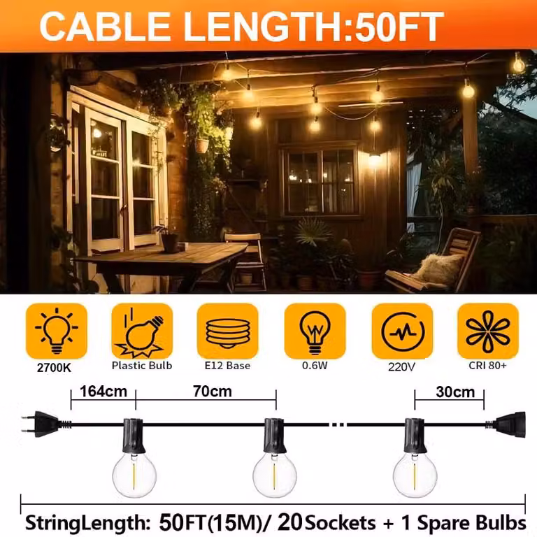 Catena luminosa a LED - Illuminazione esterna - 15 metri - 20 lampadine a LED - Sfera G40 - Resistente agli urti - Grado di protezione IP44 - Spina EU a 220V