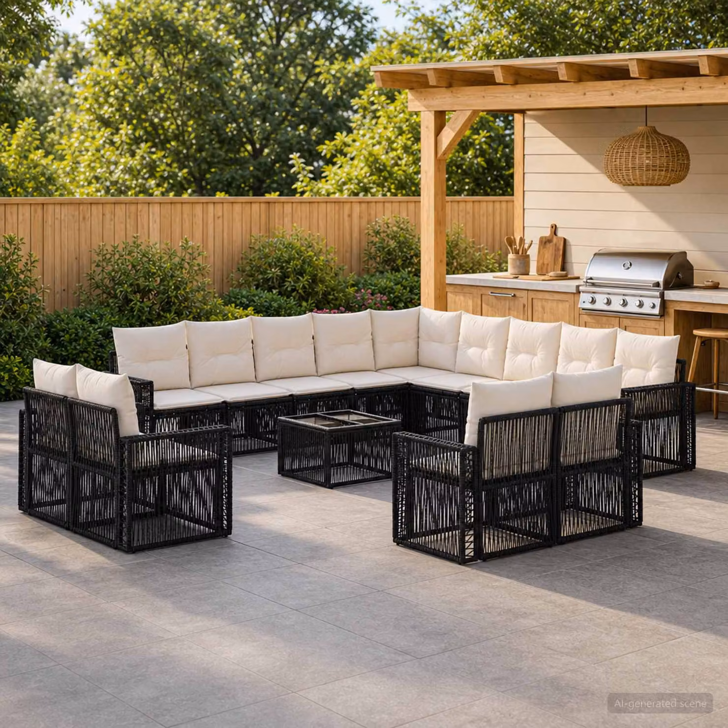 Set Divano da Giardino vidaXL 14 Pezzi a Forma di U in Polyrattan con Cuscini, Colore Nero e Bianco Crema