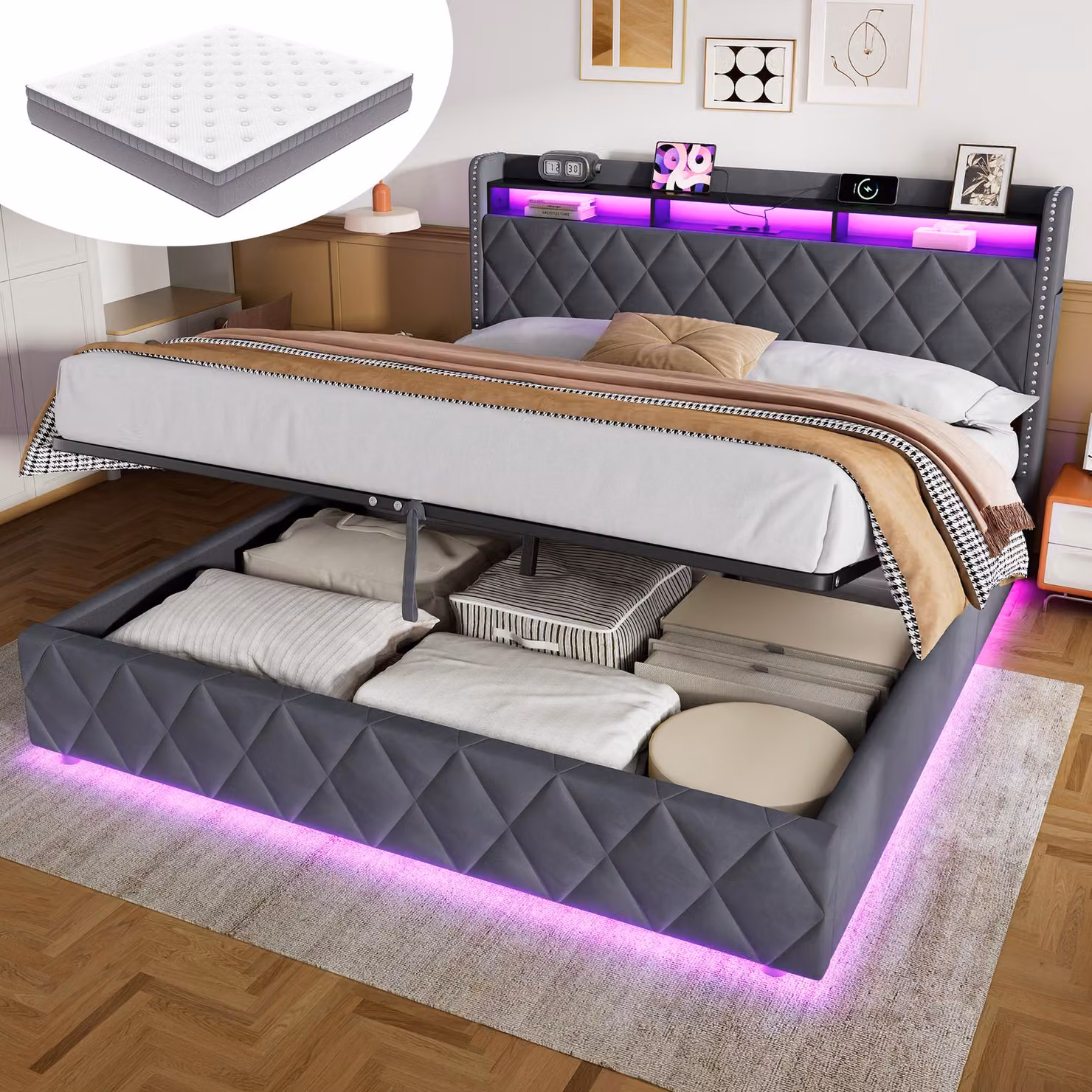 Letto imbottito MODFU, 180 × 200 cm, in velluto, con materasso. Letto matrimoniale con spazio contenitore idraulico. Letto multifunzionale, ideale per ragazzi, con illuminazione a LED e testiera a forma di rombo, colore grigio