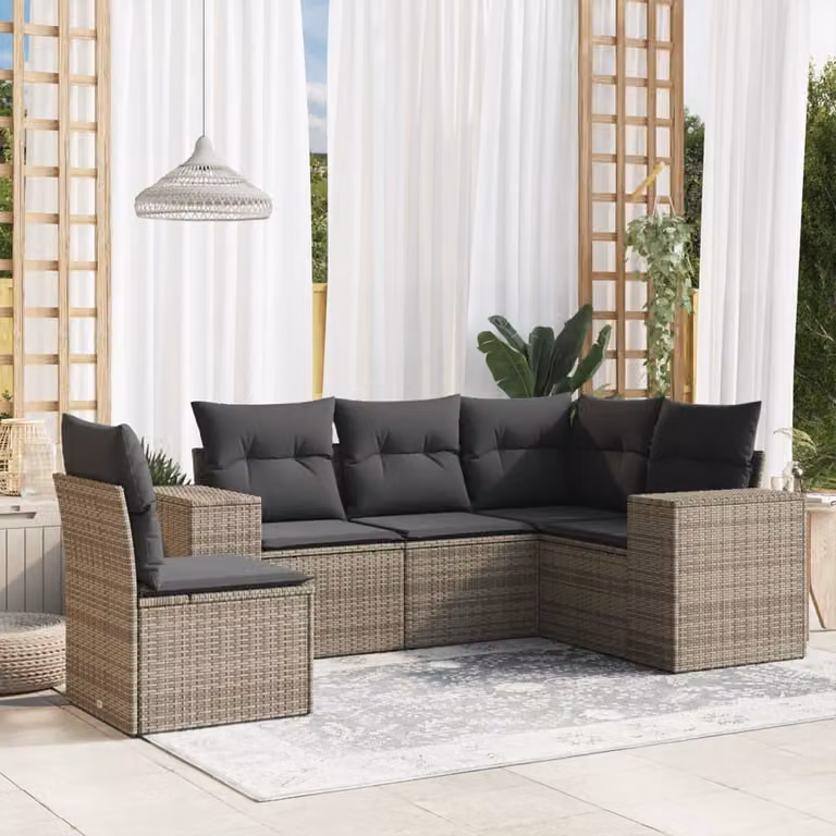vidaXL Set Divano da Giardino a L 5 pz Grigio con Cuscini Imbottiti e Struttura in Metallo e Polyrattan