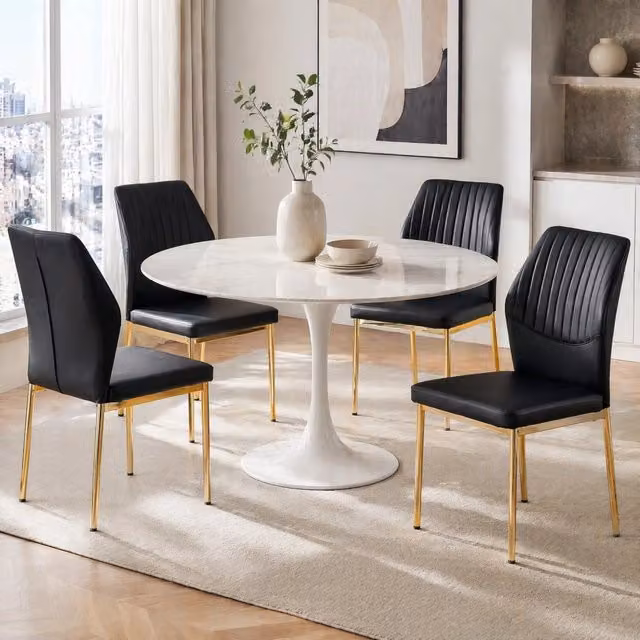 Set 4 sedie da pranzo alte 93 cm nere e oro in PU e metallo, schienale imbottito