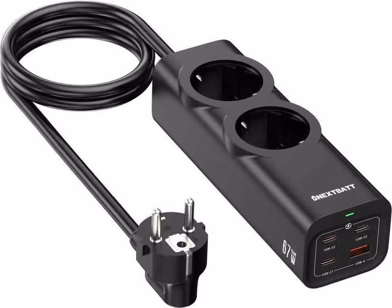 Multipresa a ricarica rapida NEXTBATT 67W a 2 vie/3xUSB-C/1xUSB-A, 2 m - Nero