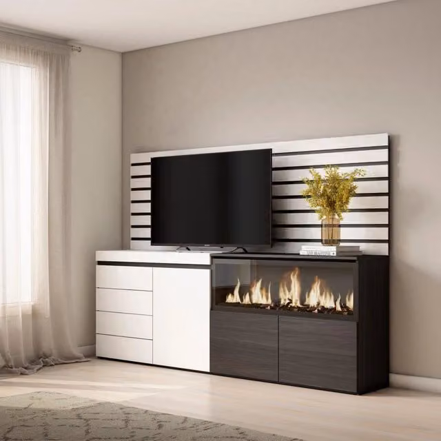 Credenza con Camino Elettrico XXL e Cassettiera SKRAUT HOME, Bianco, L: 214 cm, P: 35 cm, H: 145 cm – 1
