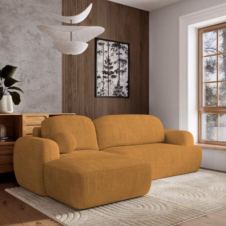 Divano angolare Masseno MODENZA P L-S con funzione letto a L, divano con box letto, divano da soggiorno, divano, divano letto, set divano - giallo, POSO 01