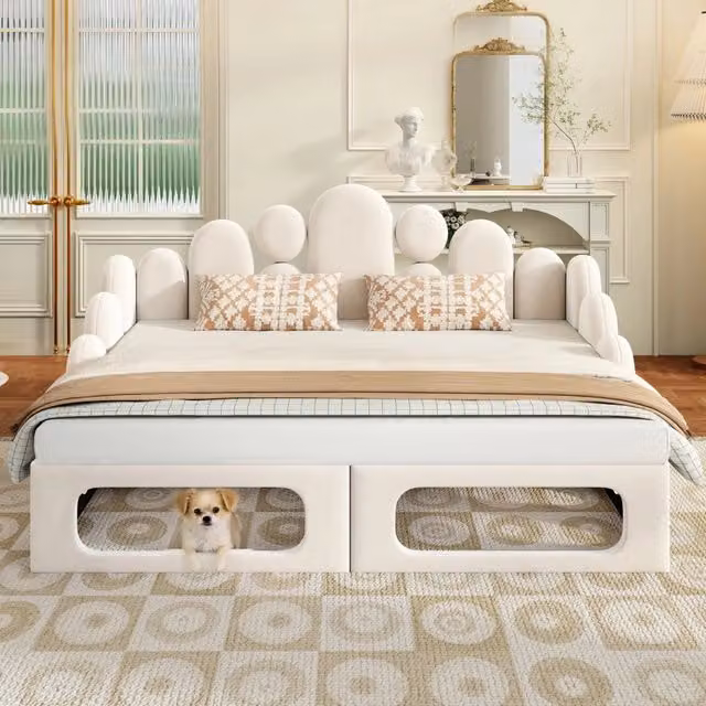 Divano letto Mivray con cuccia per animali, rivestito in velluto beige, struttura in MDF e compensato, L: 187 cm, P: 105 cm, H: 187 cm