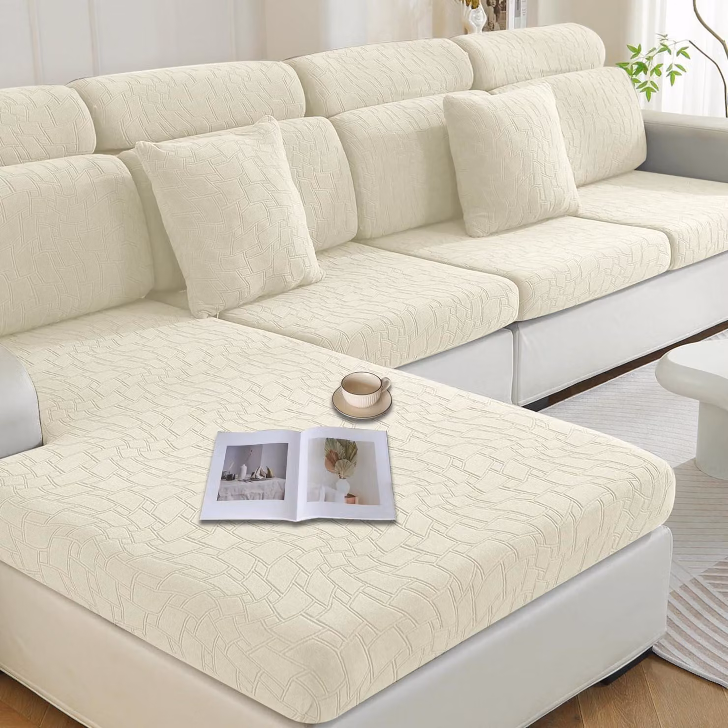Copertura per cuscino da seduta, elasticizzata, a forma di L, per 1 posto * 3 posti + chaise longue, color beige