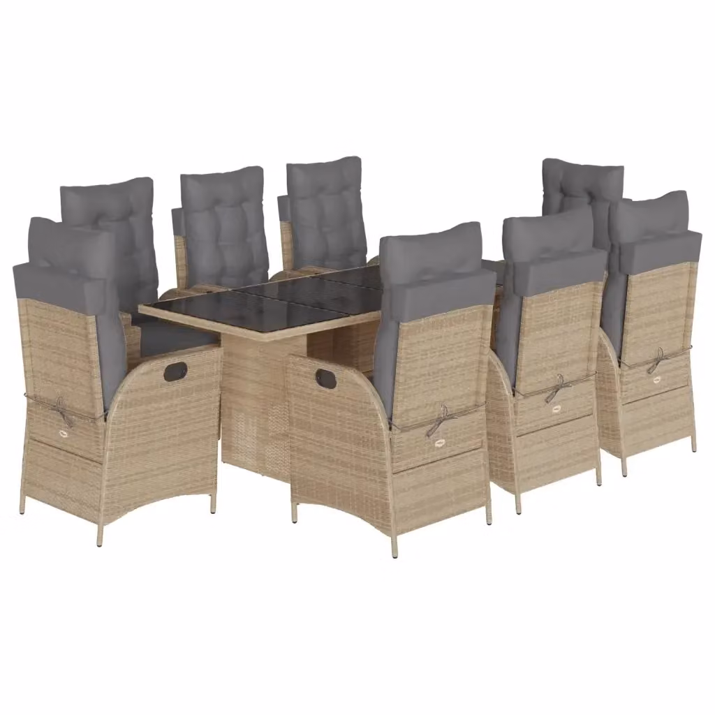 Set da pranzo da giardino vidaXL in polyrattan con tavolo in vetro e 9 pezzi, colori beige e grigio – 2