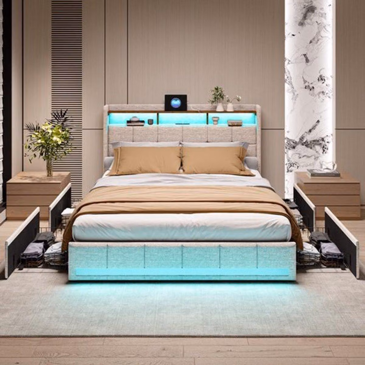 Letto matrimoniale - 160x200 cm - Con 4 cassetti - Rivestimento in lino - Con illuminazione LED e prese USB