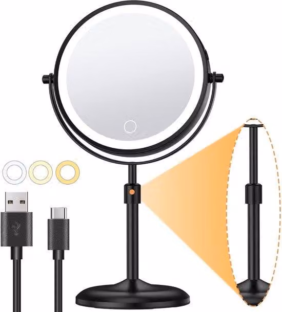 Specchio da trucco elettrico con luce a LED, ingrandimento 1x/10x, luce regolabile a 3 tonalità, regolazione in altezza, 7 pollici, ruotabile a 360°, specchio da trucco a LED nero