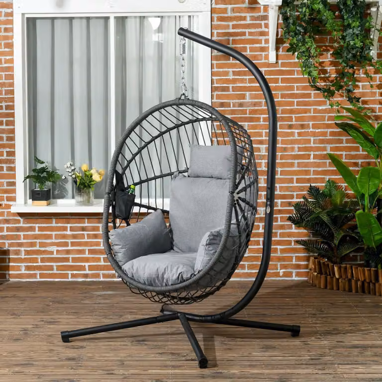Sedia a dondolo sospesa di forma ovale, color grigio scuro - Sedia a dondolo da giardino con vano portaoggetti e cuscini