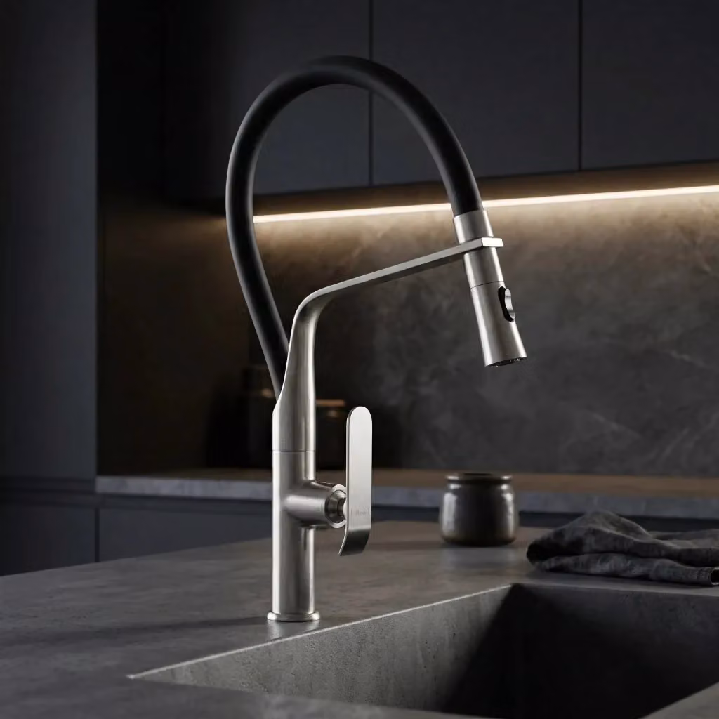 Rubinetto da cucina Rea Castor colore argento e nero con finitura brush nickel – 2
