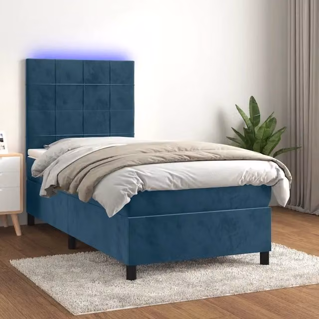 Letto a Molle con Materasso e LED Blu Scuro 90x190cm in Velluto 3136099