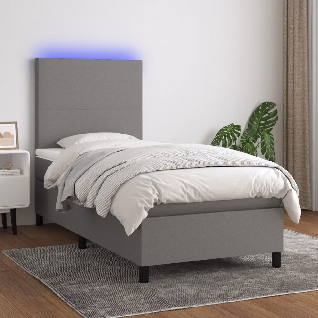 The Living Store Letto a molle con materasso e LED in tessuto grigio scuro 90x200 cm