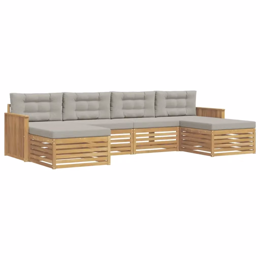 Set di divani da esterno vidaXL a forma di L in legno di acacia con pouf e cuscini, Bianco e Grigio – 2