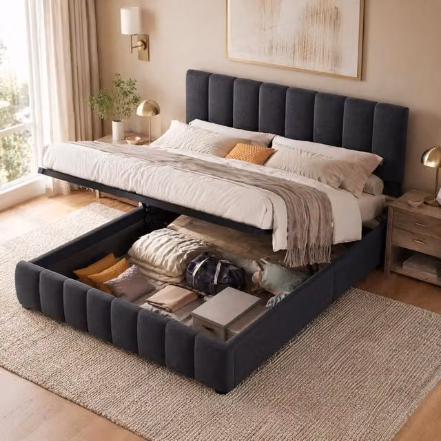 Letto matrimoniale imbottito 140x200 cm con testiera regolabile, struttura in lino grigio con rete a doghe in metallo, contenitore integrato (senza materasso)