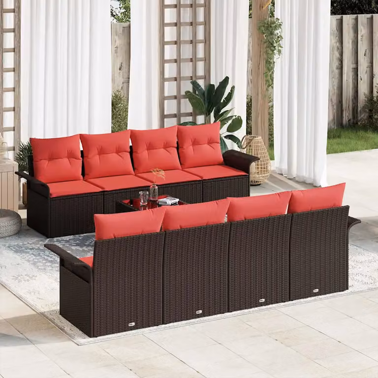 Set Divano da Giardino vidaXL 9 Pezzi a Forma di U in Polyrattan con Cuscini Beige e Rosso e Tavolino da Esterno