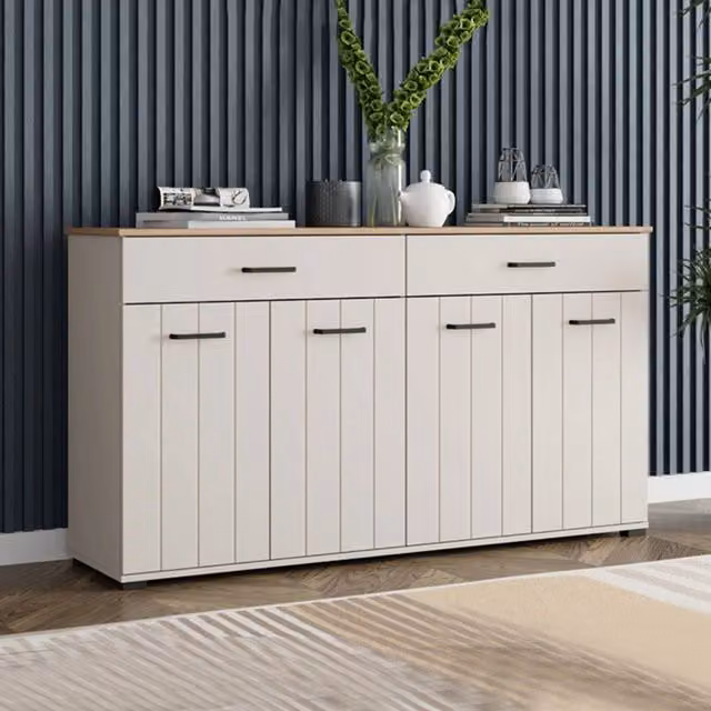 Madia Quarna DMORA con 3 ripiani, design moderno in legno, L: 156 cm, P: 40 cm, H: 86 cm, Bianco Crema – 1