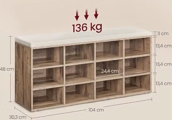 Panca porta scarpe Gran Vida in legno con 12 scomparti e cuscino in tessuto, L: 104 cm, P: 30,3 cm, H: 48 cm
