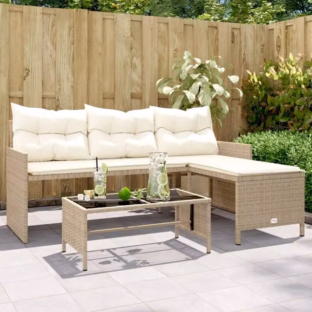 Set da giardino a L con divano a 3 posti, tavolo da caffè e cuscini beige vidaXL – 1