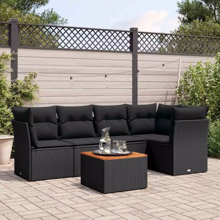 Set Divano da Giardino vidaXL 6 pz in Polyrattan Nero con Cuscini e Tavolino da Caffè