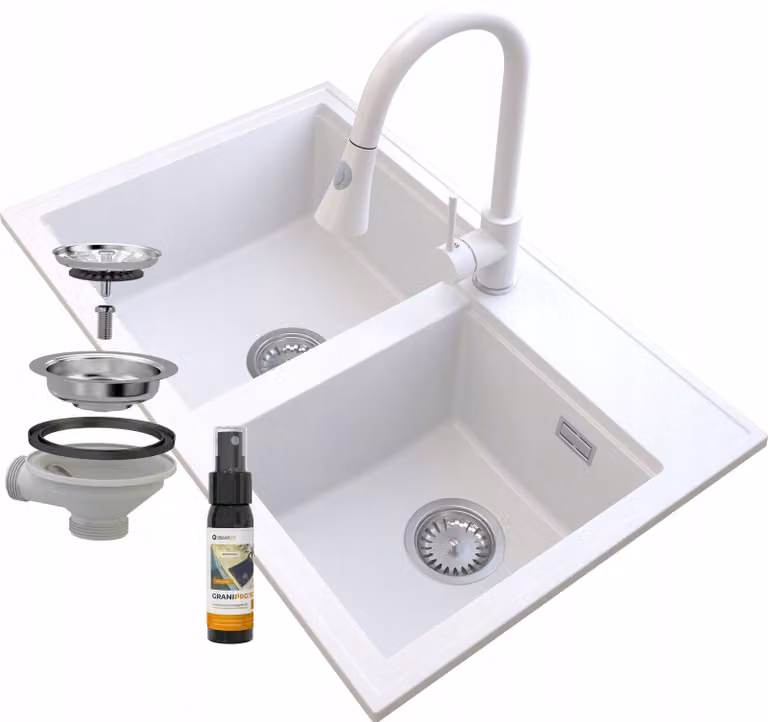 Granitan - Lavello in granito - Lavello da cucina - 2 vasche - 80x50 cm - Bianco - con rubinetteria SNAKE e sifone - HEKTOR