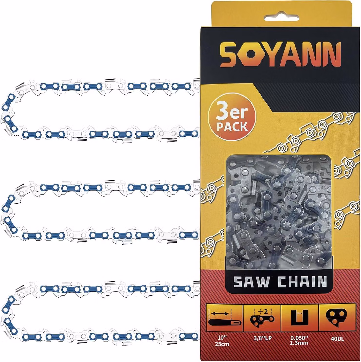 3 catene da sega da 25 cm, passo 40TG, spessore 1,3 mm, passo 3/8"LP, a basso contraccolpo, per motoseghe