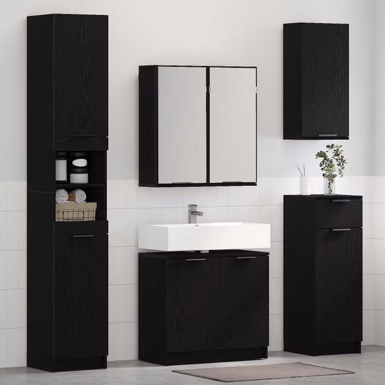 Set di mobili per il bagno moderno vidaXL composto da mobile lavabo, armadietto con specchio e pensile, colore nero, L/P/H: 64,5 x 33,5 x 59 cm