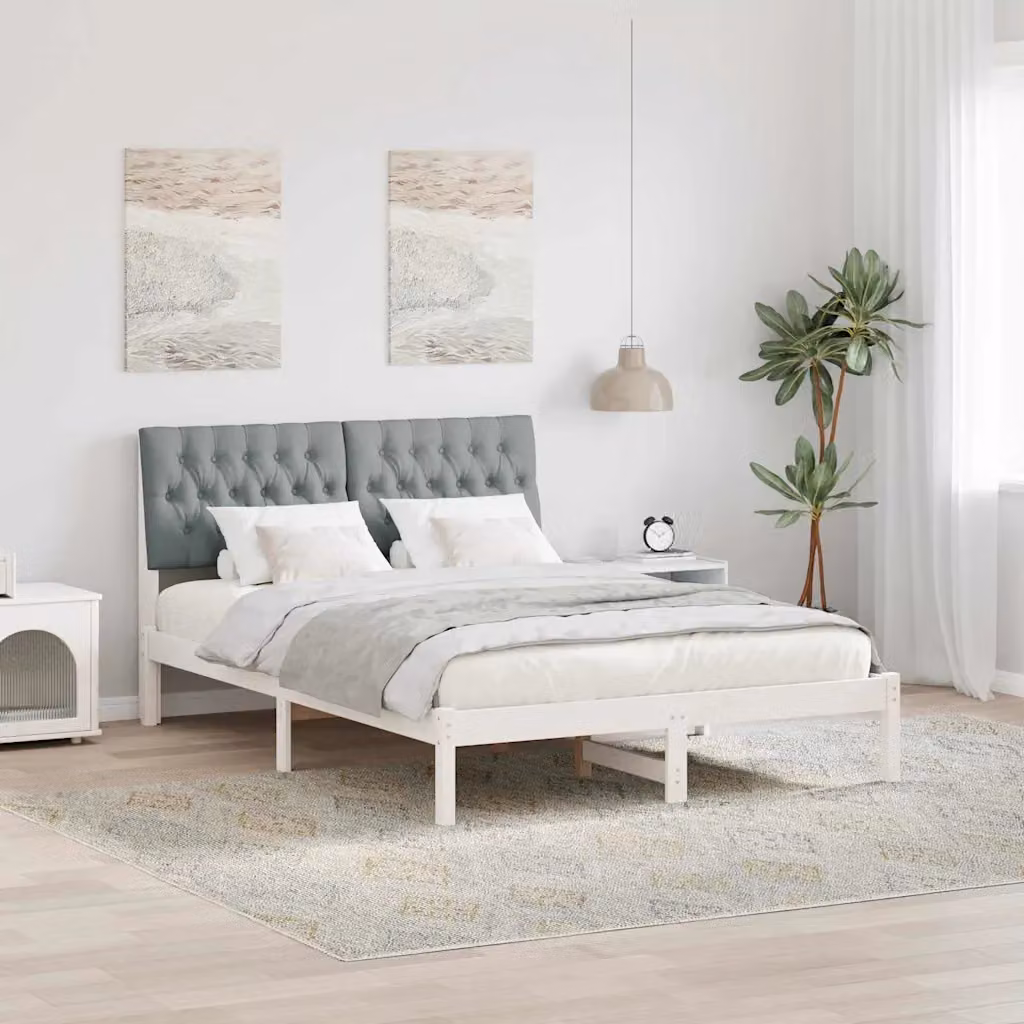Letto moderno vidaXL con testiera rivestita in tessuto e struttura in legno, Bianco, 160 x 200 cm – 1