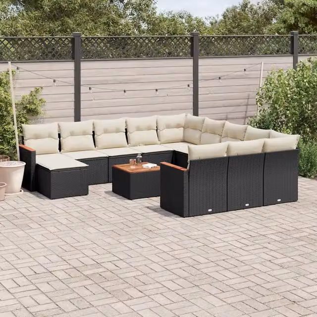 Set di Divani da Giardino a Forma di L vidaXL in Polyrattan Nero con Cuscini e Tavolino da Esterno – 1
