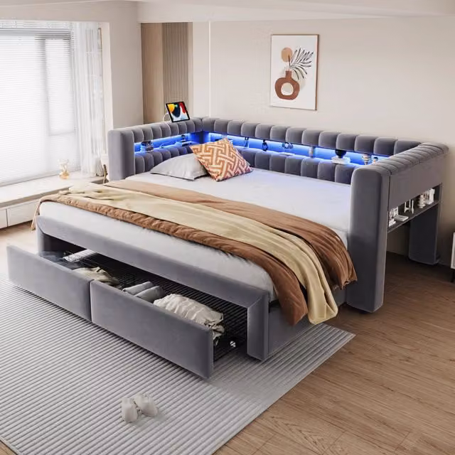 Divano letto imbottito estraibile 90x190/180x190 cm con 2 cassetti; vani contenitore; LED; velluto grigio