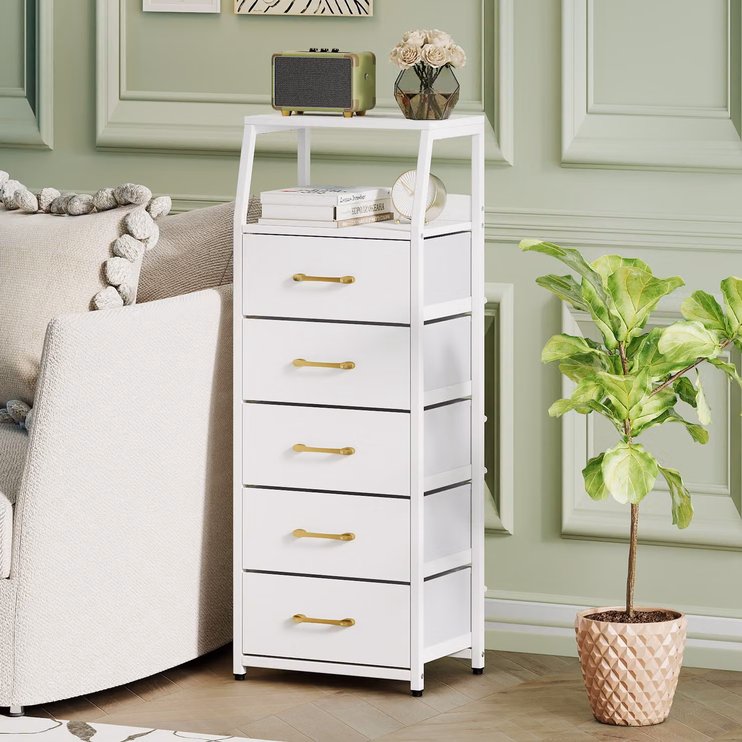 Cassettiera moderna Costway con 5 cassetti pieghevoli in tessuto e vano aperto in metallo bianco per salotto e ufficio
