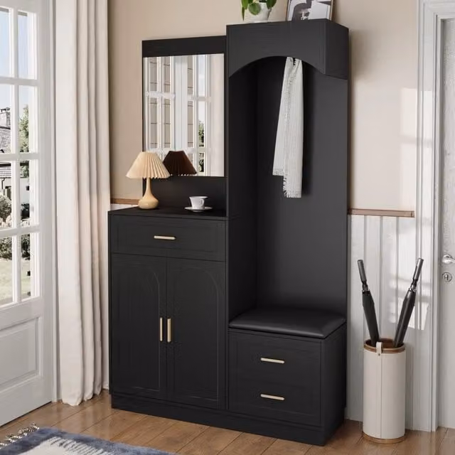 Mobile da ingresso con specchio scarpiera e appendiabiti nascosti ripiani regolabili in MDF nero 110 × 33 × 185,5 cm