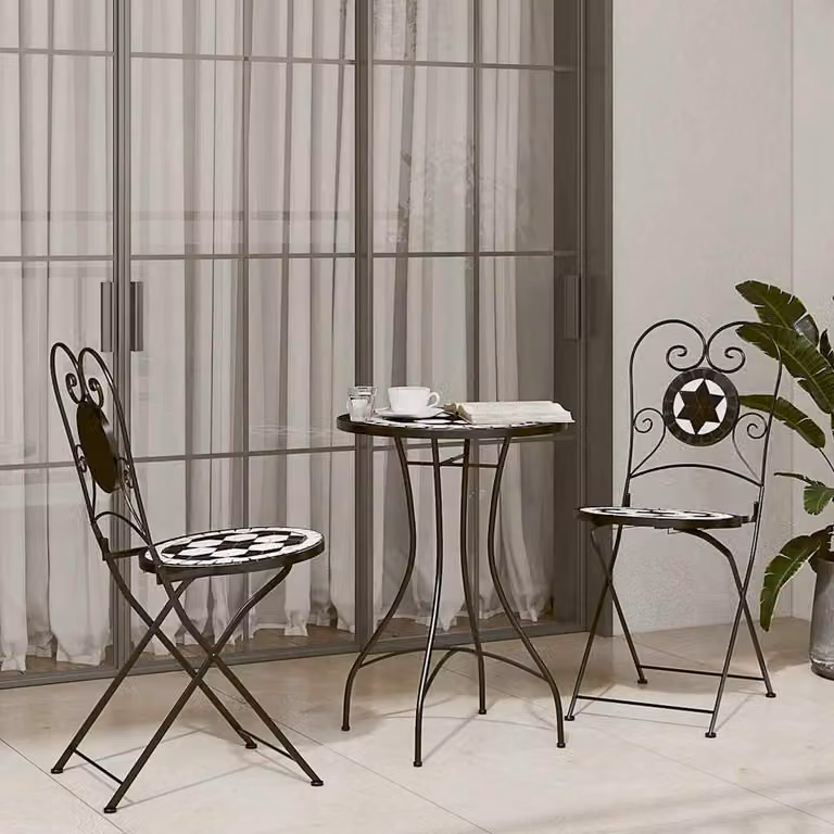 Set da Bistrot vidaXL in Acciaio Verniciato e Ceramica con Mosaico Geometrico Nero e Bianco per Giardino e Balcone