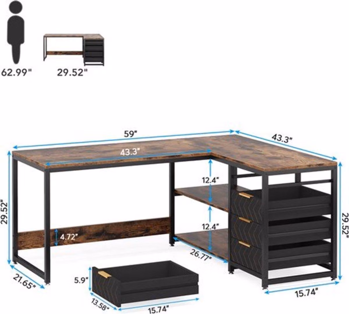 Scrivania a L, 150 cm, con ripiano superiore, effetto legno, ampia postazione di lavoro per casa e ufficio