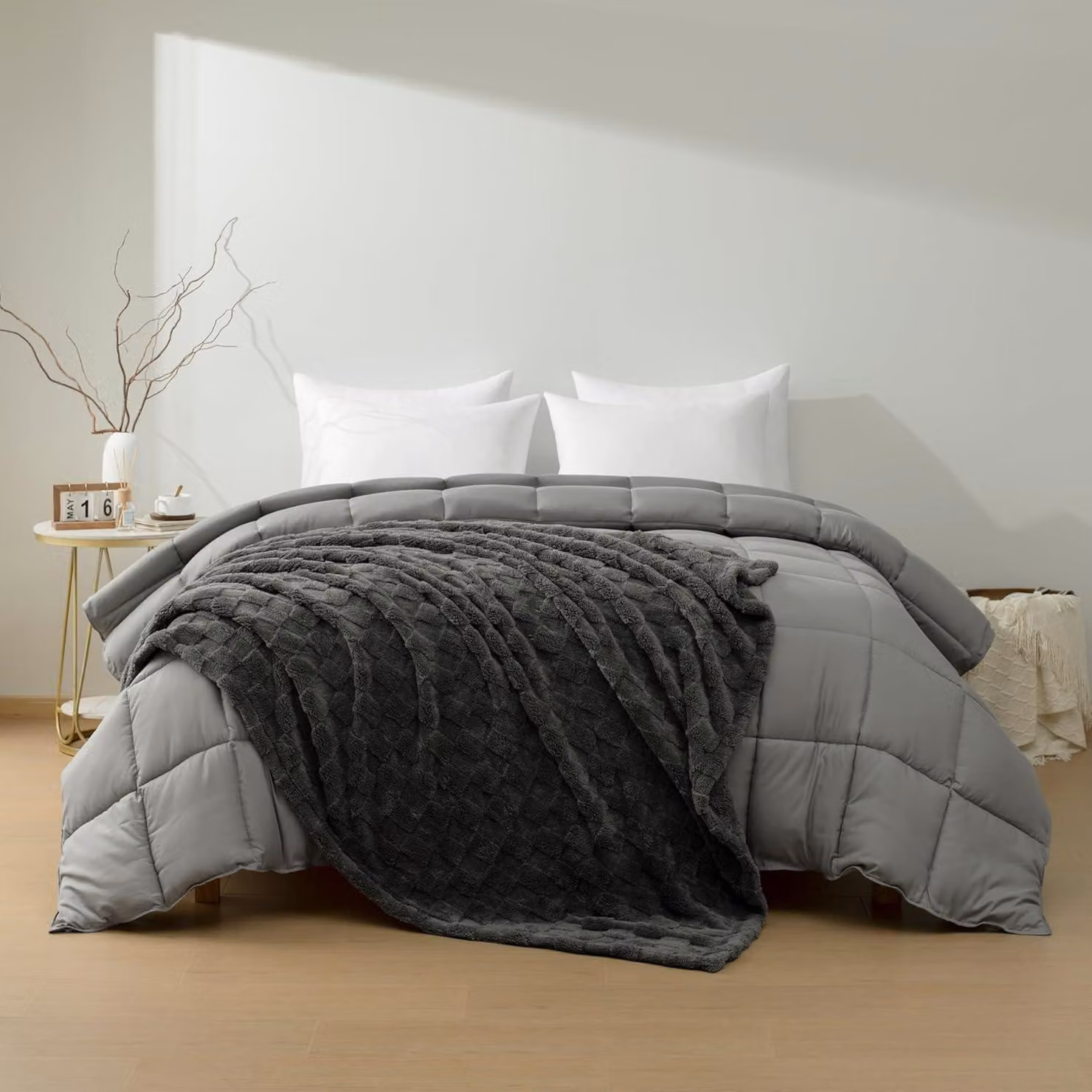 Copertura per letto a quattro stagioni, 200x200 cm, color grigio scuro, in microfibra, con coperta in pile 150x200 cm, ideale per la camera da letto