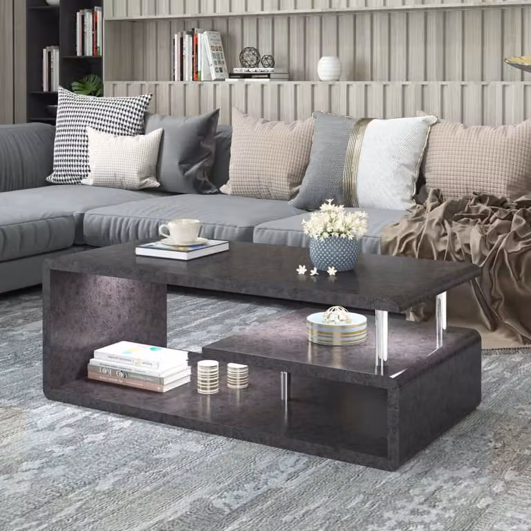 Tavolino AIORBER, con illuminazione a LED, finitura grigio cemento, lucido, bordi arrotondati, facile da montare, per il soggiorno,110 x 40 x 55 cm, grigio