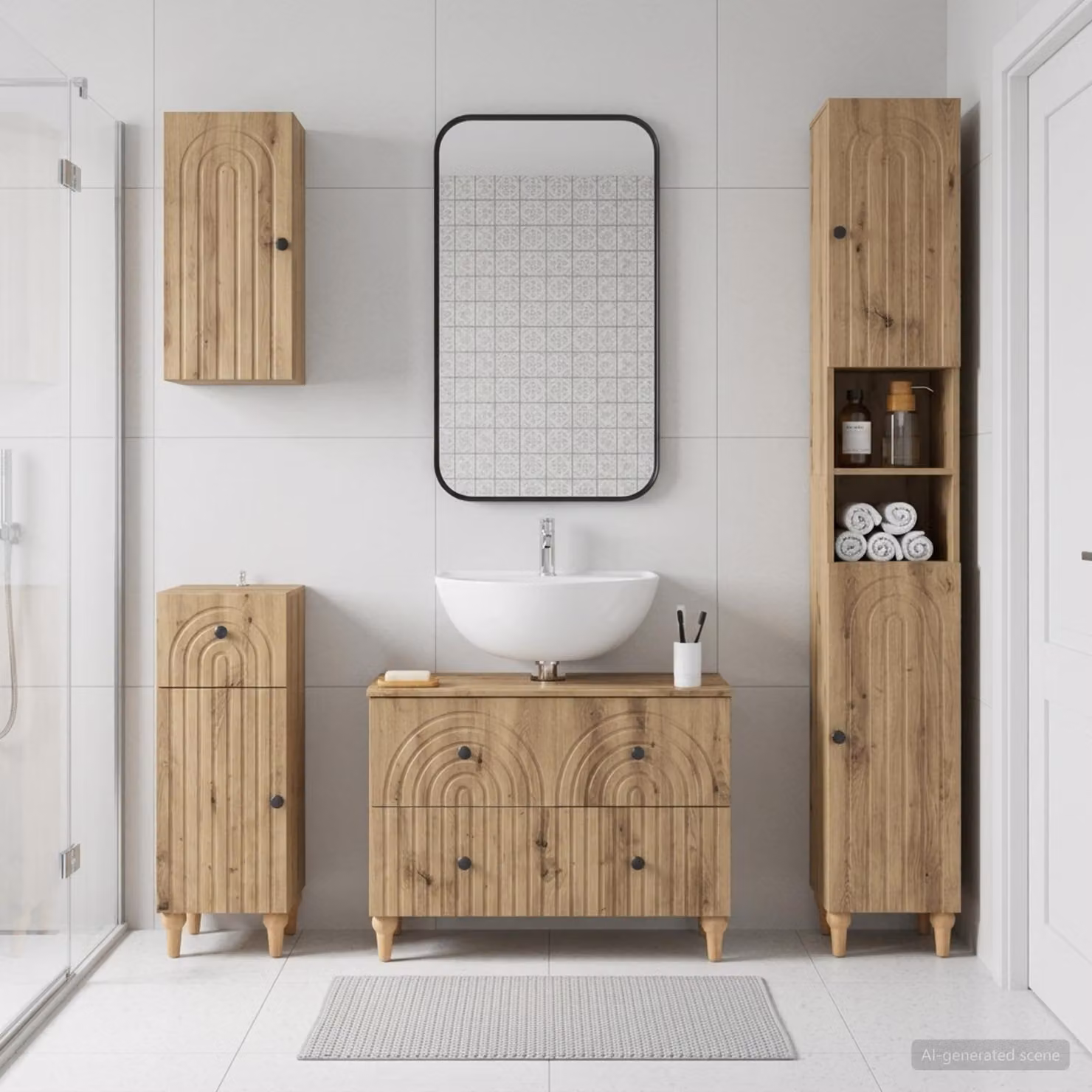 Set di mobili da bagno moderno vidaXL ALKMAAR in legno rovere marrone composto da 4 pezzi con mobile lavabo e pensili a muro
