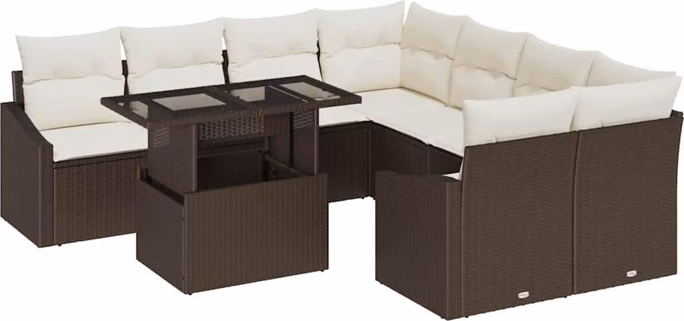 Set Divano da Giardino con cuscino 9 pcs Marrone polyrattan