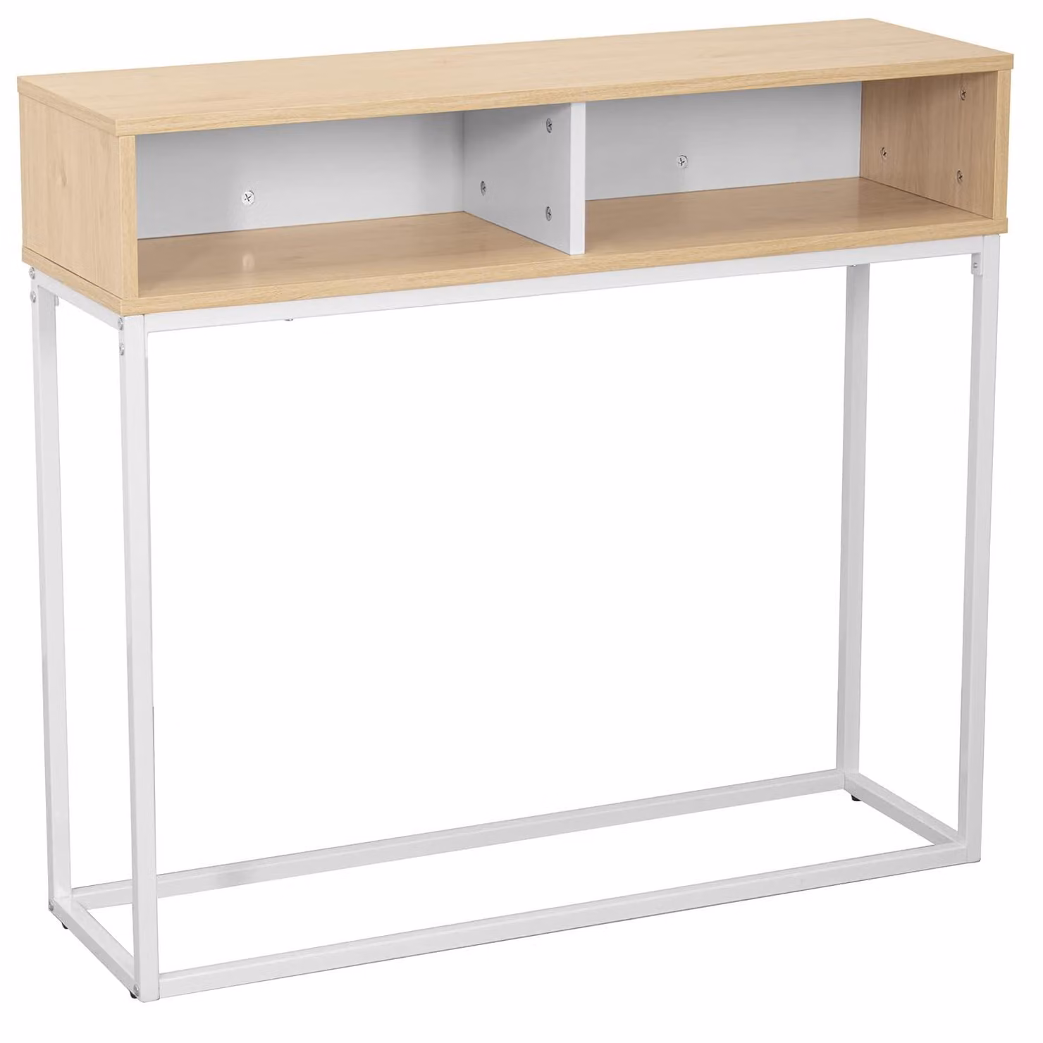Tavolino d'ingresso, metallo/MDF, 100x30x91 cm, altezza delle gambe 70 cm, colore naturale/bianco