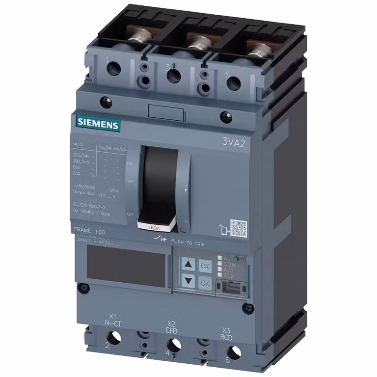 Interruttore di potenza Siemens 3VA2, telaio IEC 160, classe di capacità di interruzione C, Icu=110 kA a 415 V, 3VA21257MP320AA0
