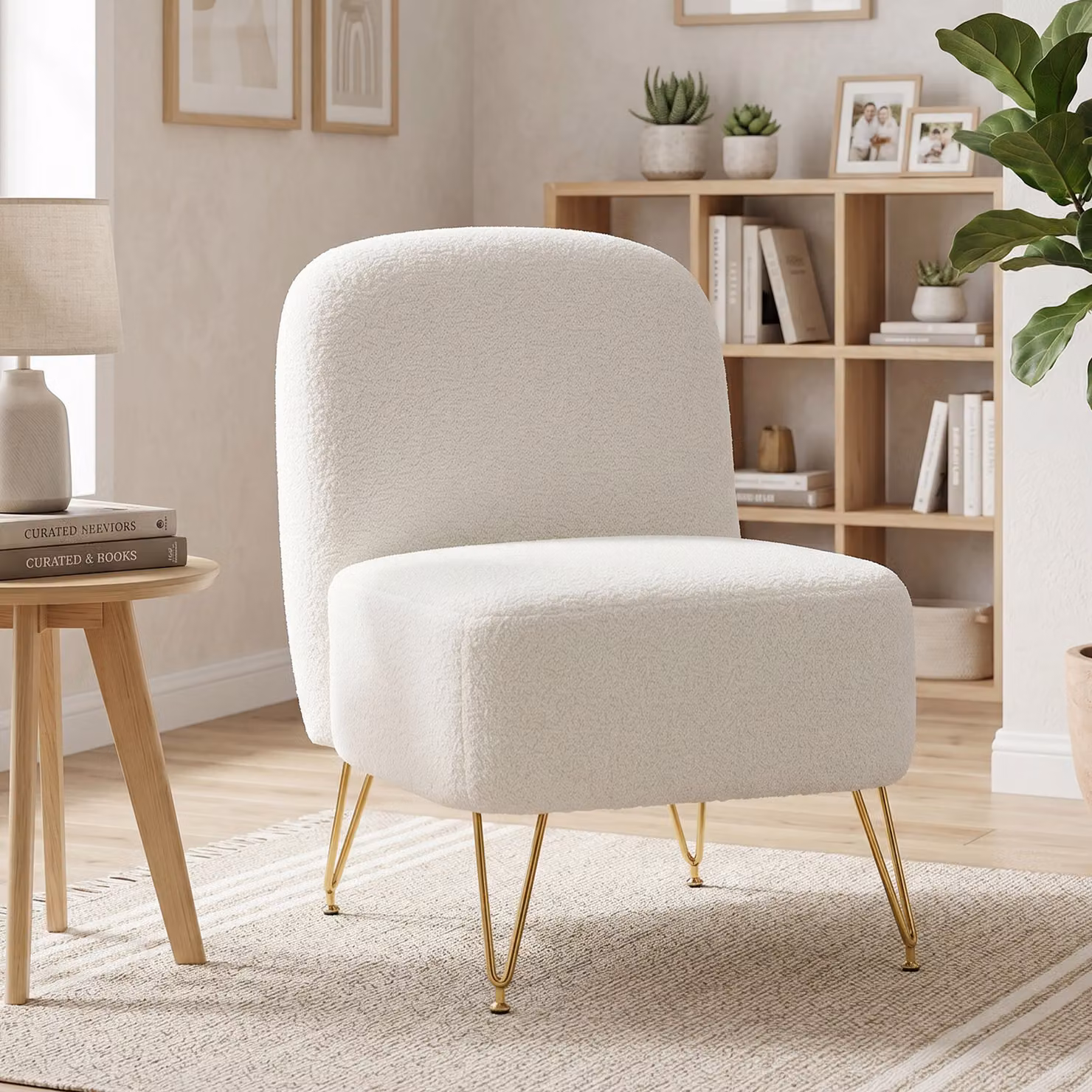 Poltrona da salotto HOMCOM senza braccioli in tessuto bouclé bianco con struttura in metallo dorato e seduta imbottita in schiuma per il tuo living room – 2
