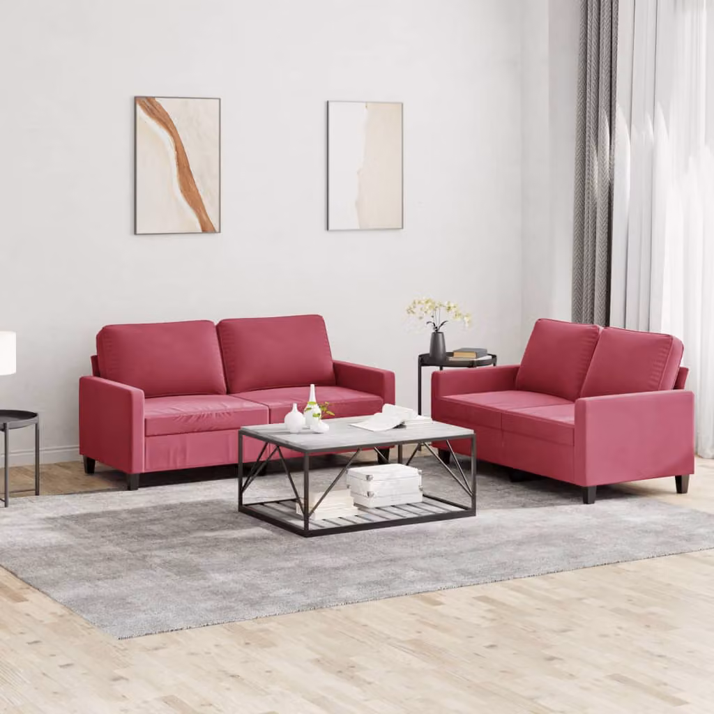 Set di 2 Divani vidaXL in Velluto Rosso con Cuscini per Soggiorno Moderno – 1