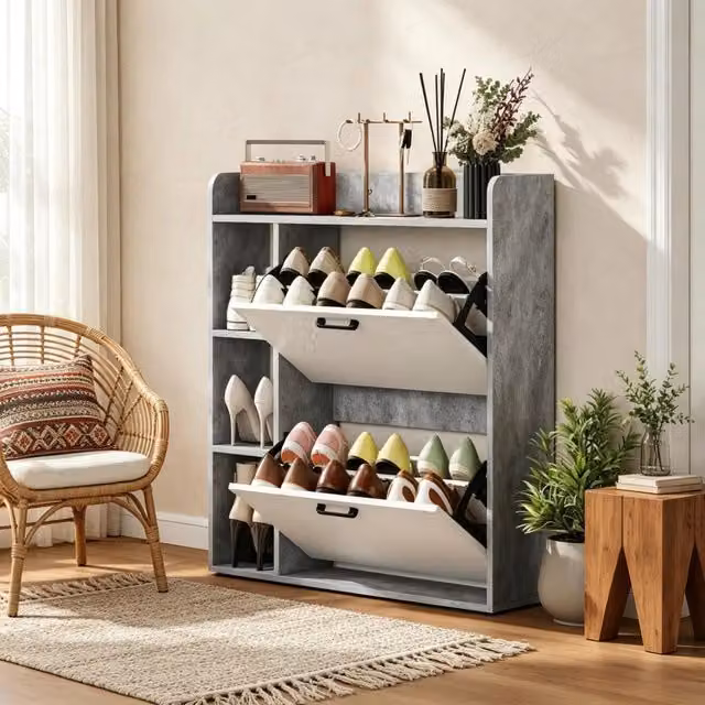 Mobile scarpiera moderno con 2 scomparti estraibili, soluzione salvaspazio per riporre le scarpe in corridoio o in appartamento (solo mobile scarpiera
