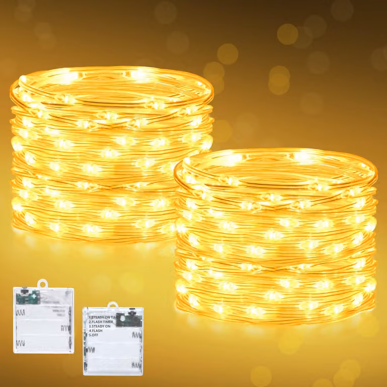 Catena luminosa da 3 metri, con 30 LED, luce bianco caldo, 5 modalità, timer, confezione da 2 pezzi