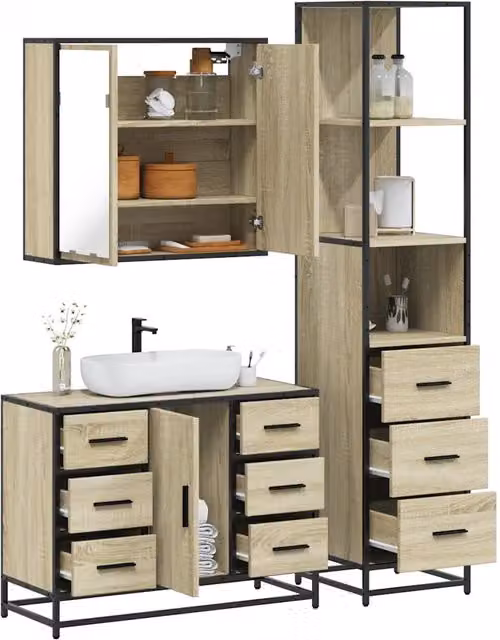 Set di mobili da bagno industrial vidaXL in legno e metallo marrone composto da armadietto con specchio, mobile lavabo e colonna alta con illuminazione LED