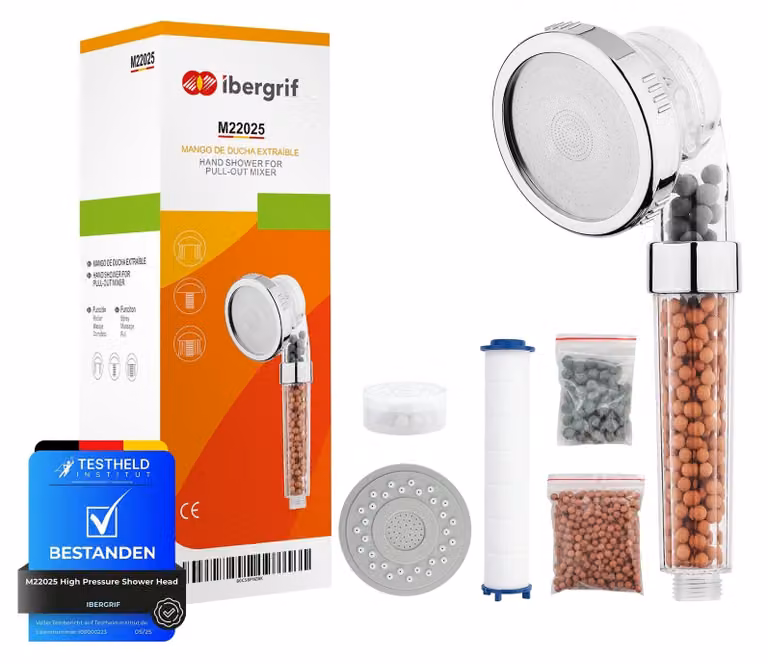 Soffione doccia filtro con sfere - Ø filtro - 3 modalità di getto - Sfere e filtro sostituibili - Filtro doccia per acqua dura